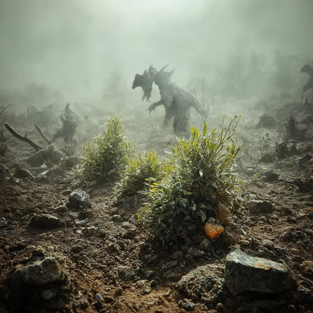 A striking quality Kodak photograph captures a wasteland with monsters and group of plants, creepy, details of the dust very accentuated, glossy organic mass, adorned with minerals and rocks. Bathed in intense light, eerie, Max Ernst style, sun, fog