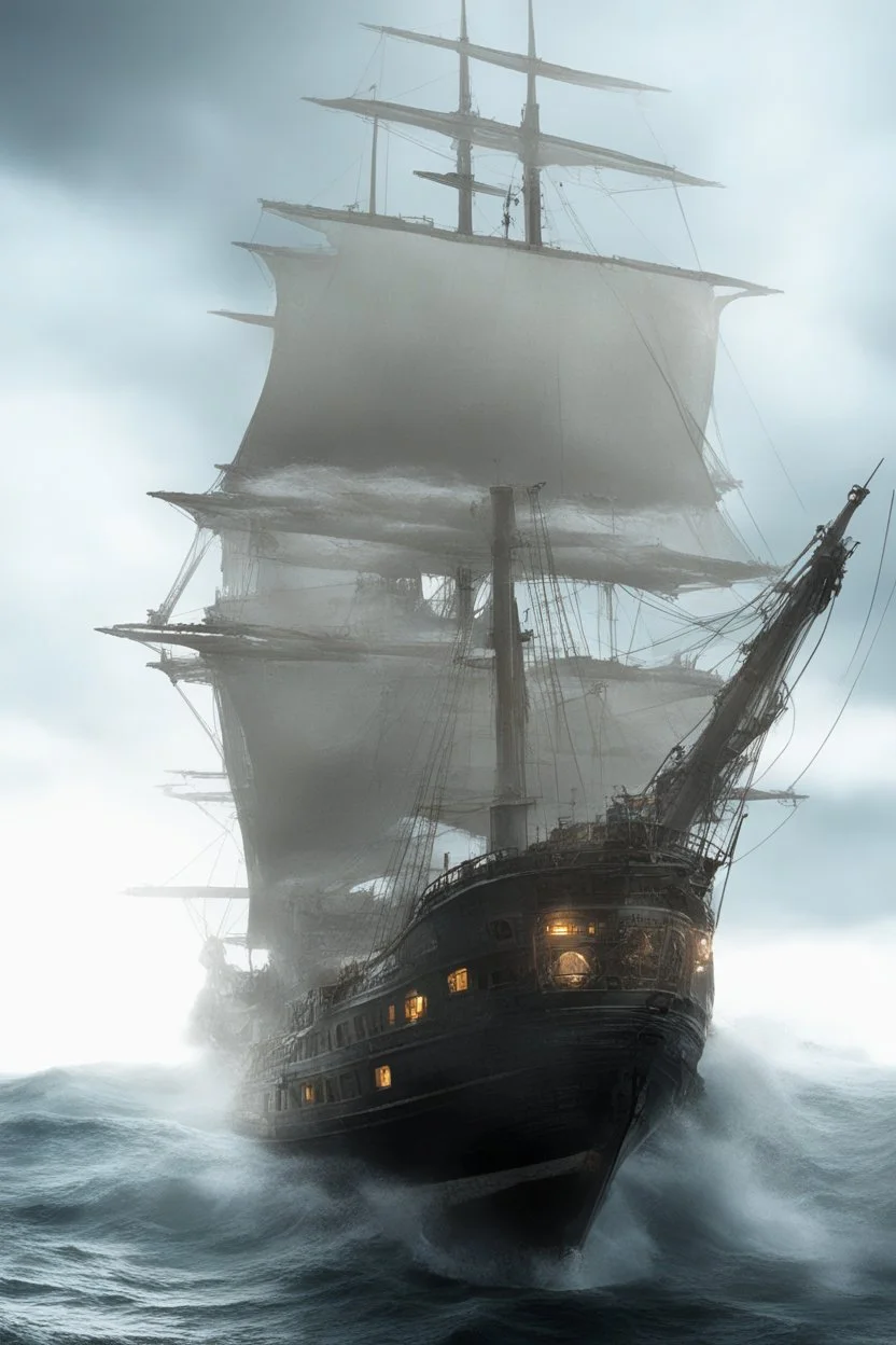 Ship front view with a Spider figurehead at night in a storm with giant waves