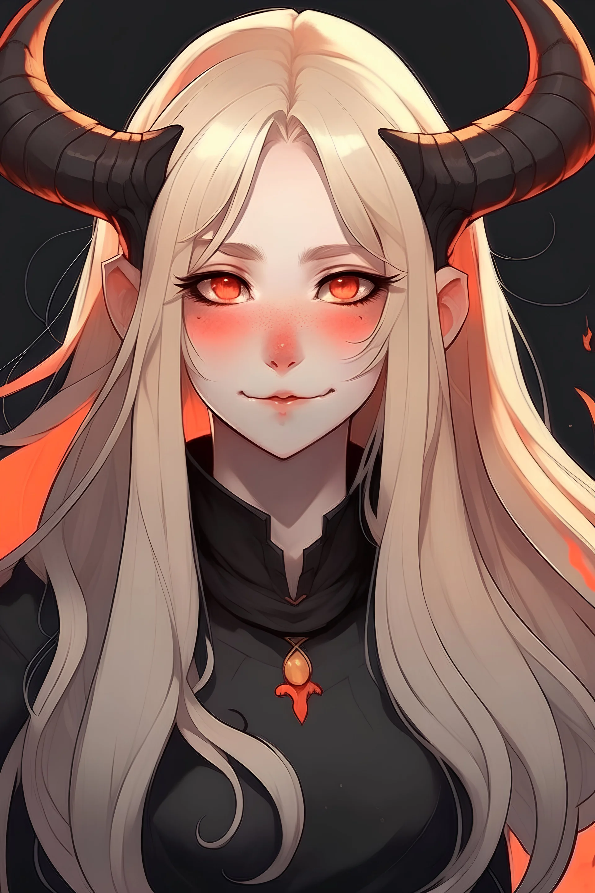 A Girl who is a bit chubby with white long hair, orange eyes , and black demon horns