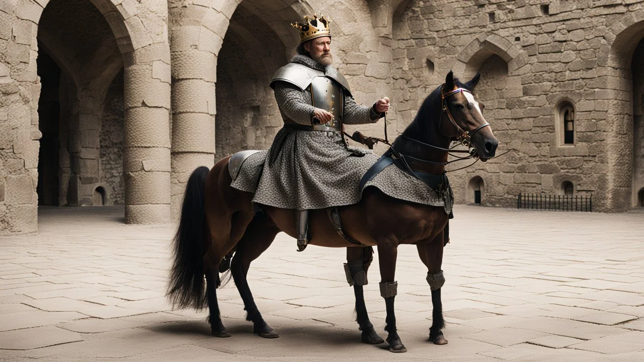 king on his horse in the castle courtyard