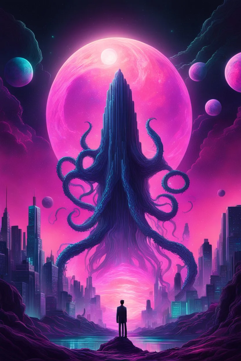 A surreal synthwave landscape featuring a towering cosmic entity with tentacles reaching towards a neon-lit city, under a sky filled with glitching stars, a distorted moon, and dark, swirling cosmic anomalies.