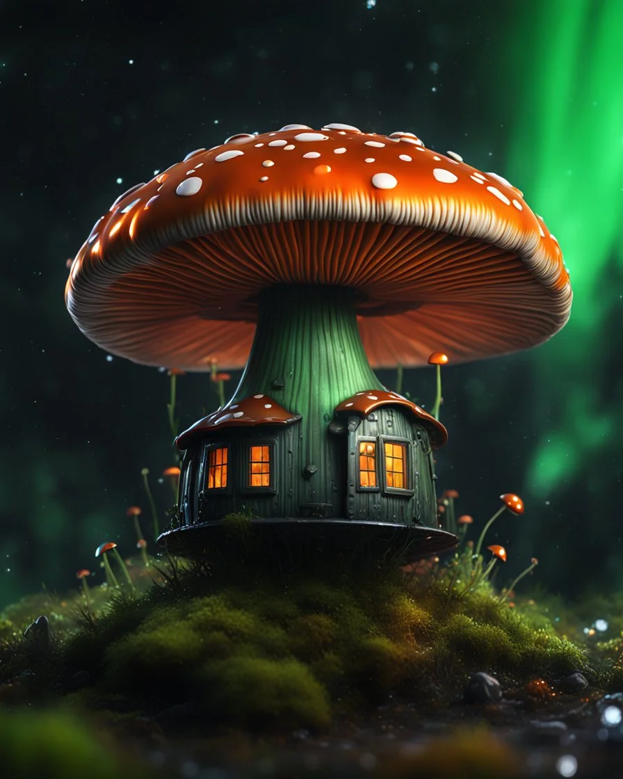 A solitary floating mushroom house on a clear night. silver and green and orange, Dark cosmic interstellar. Detailed Matte Painting, deep color, fantastical, intricate detail, splash screen, hyperdetailed, insane depth, concept art, 8k resolution, trending on Artstation, Unreal Engine 5, color depth, backlit, splash art, dramatic, High Quality Whimsical Fun Imaginative Bubbly, perfect composition