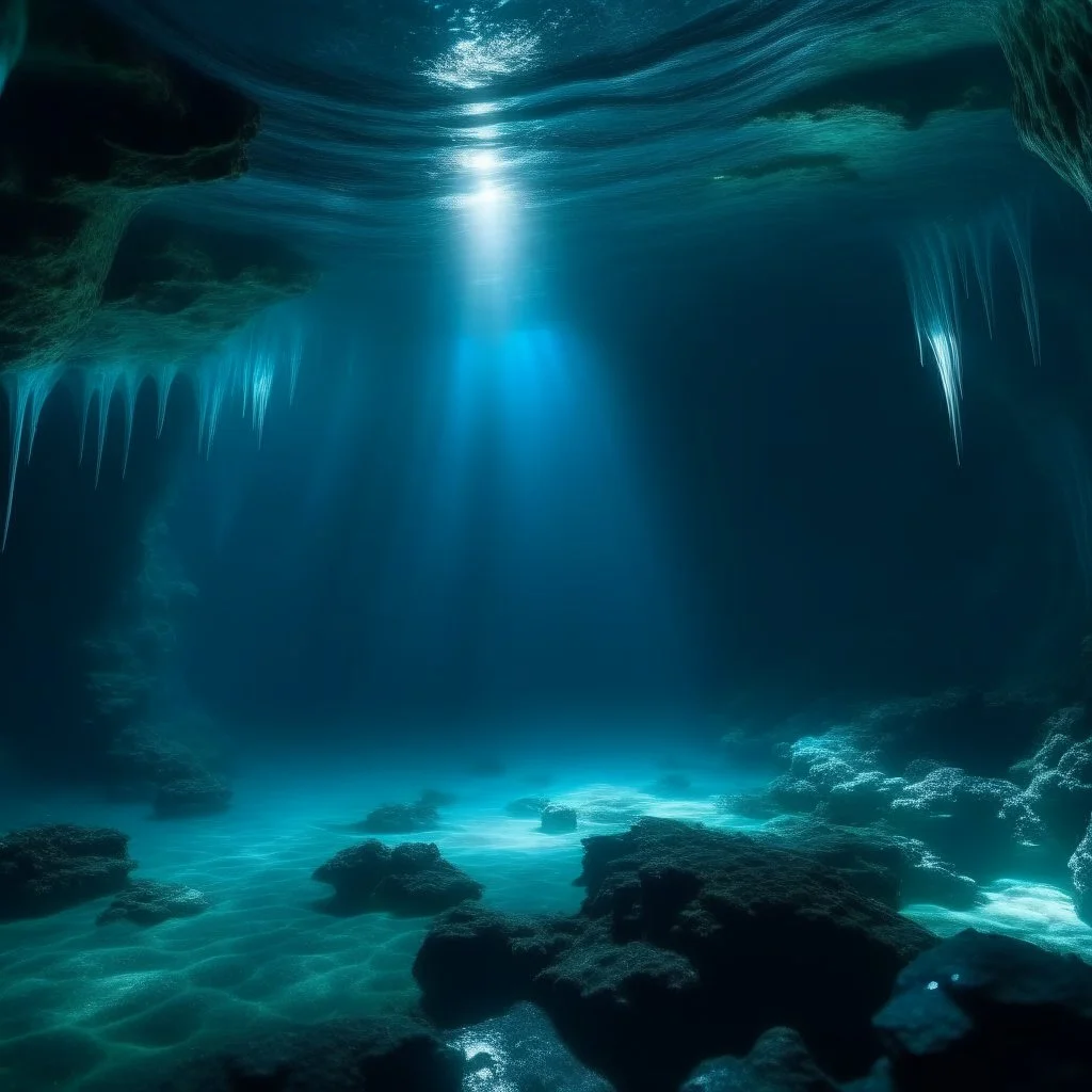 a deep dark icy underwater cave