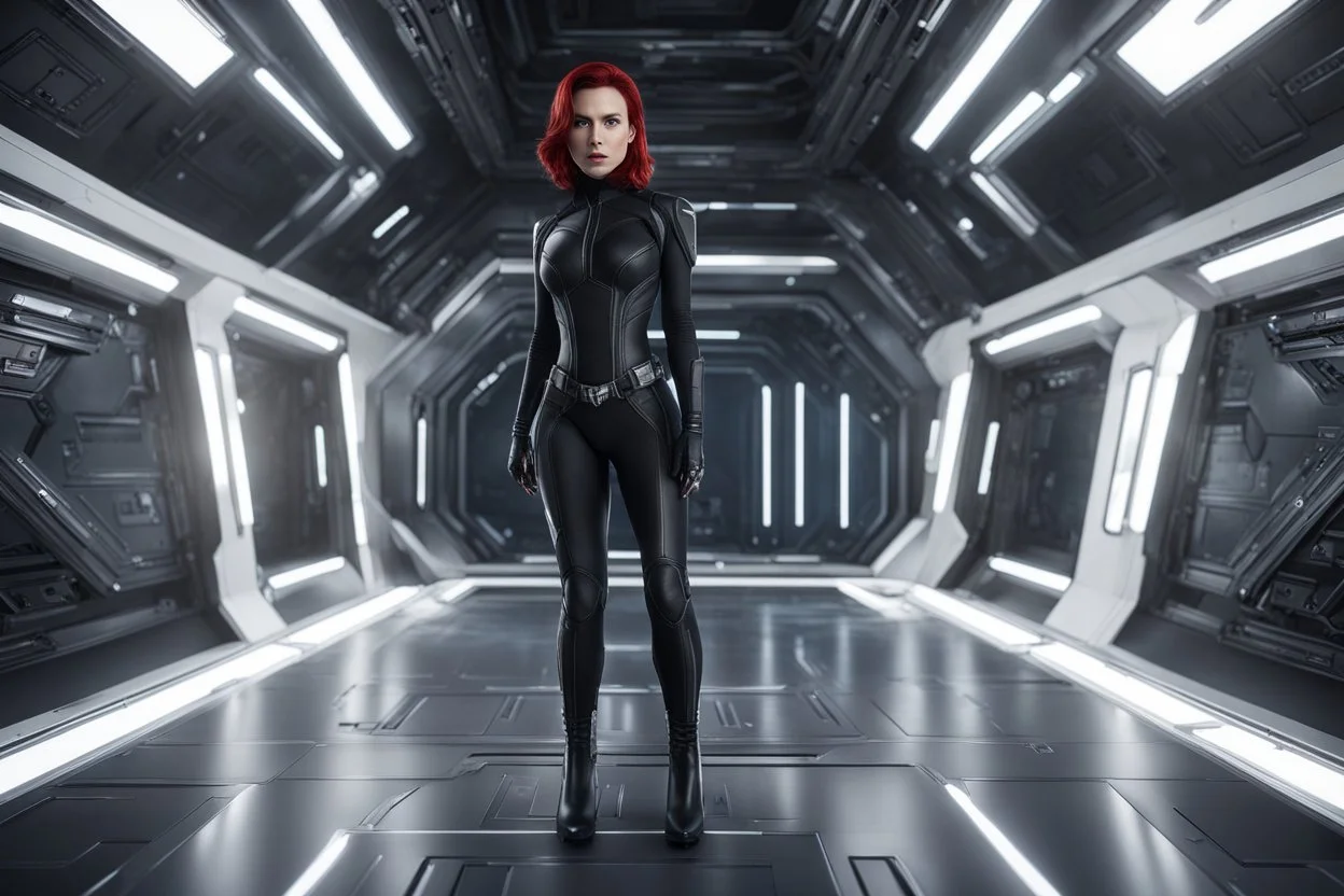 photorealistic slim woman looking like black widow with white boots in a heroic pose at the entrance to a spaceship