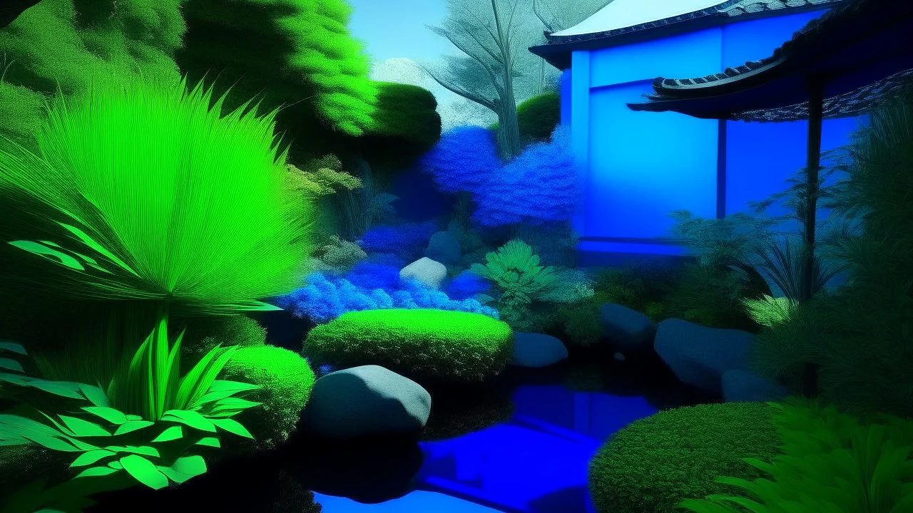 Contemplative and Japanese realist digital photo of a garden. Colors are electric blue, electric green and electric grey.