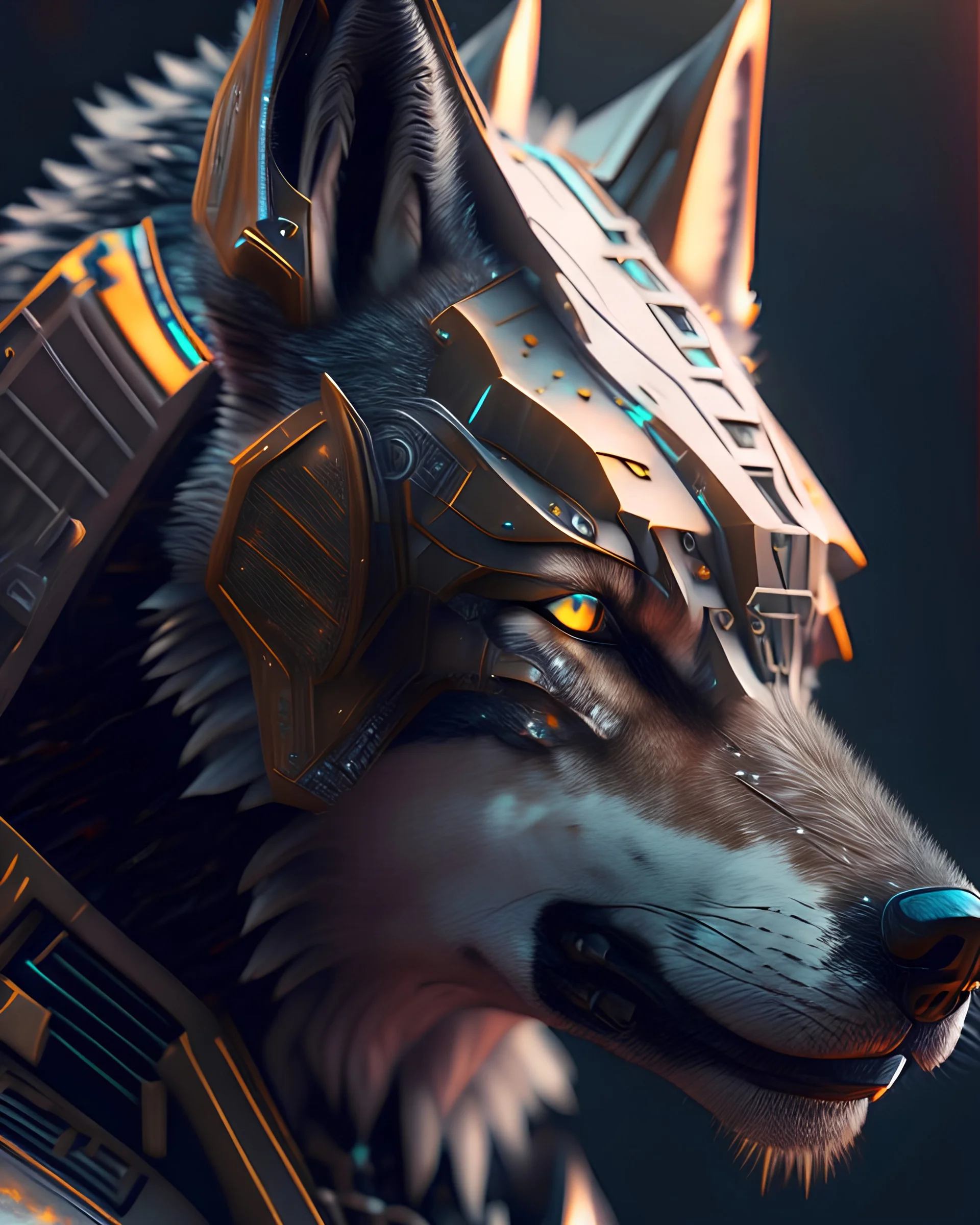 3D Portrait of a cyborg wolf in natural colours wearing futuristic face armor in realistic fantasy