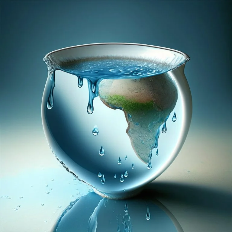 A cup of water from which drops of water in the shape of a globe