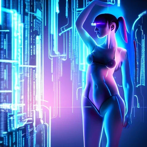 cyberpunk, body, woman, rendering, blue hair, electric circuits in backgound, googles