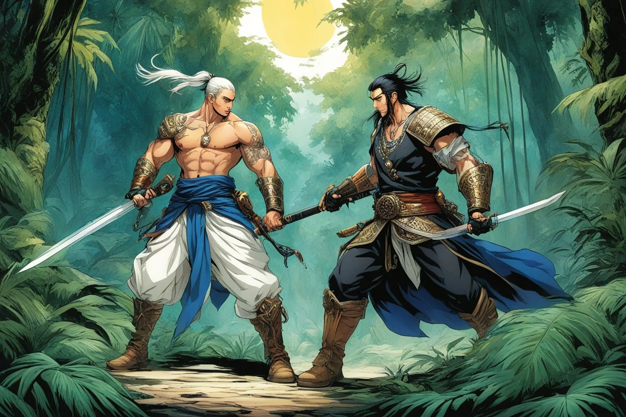 (in the style of Orion, by Masamune Shirow) DUEL: a tattooed gangsta monk with his staff fights against a paladin knight with his two handed sword zweihander in the jungle