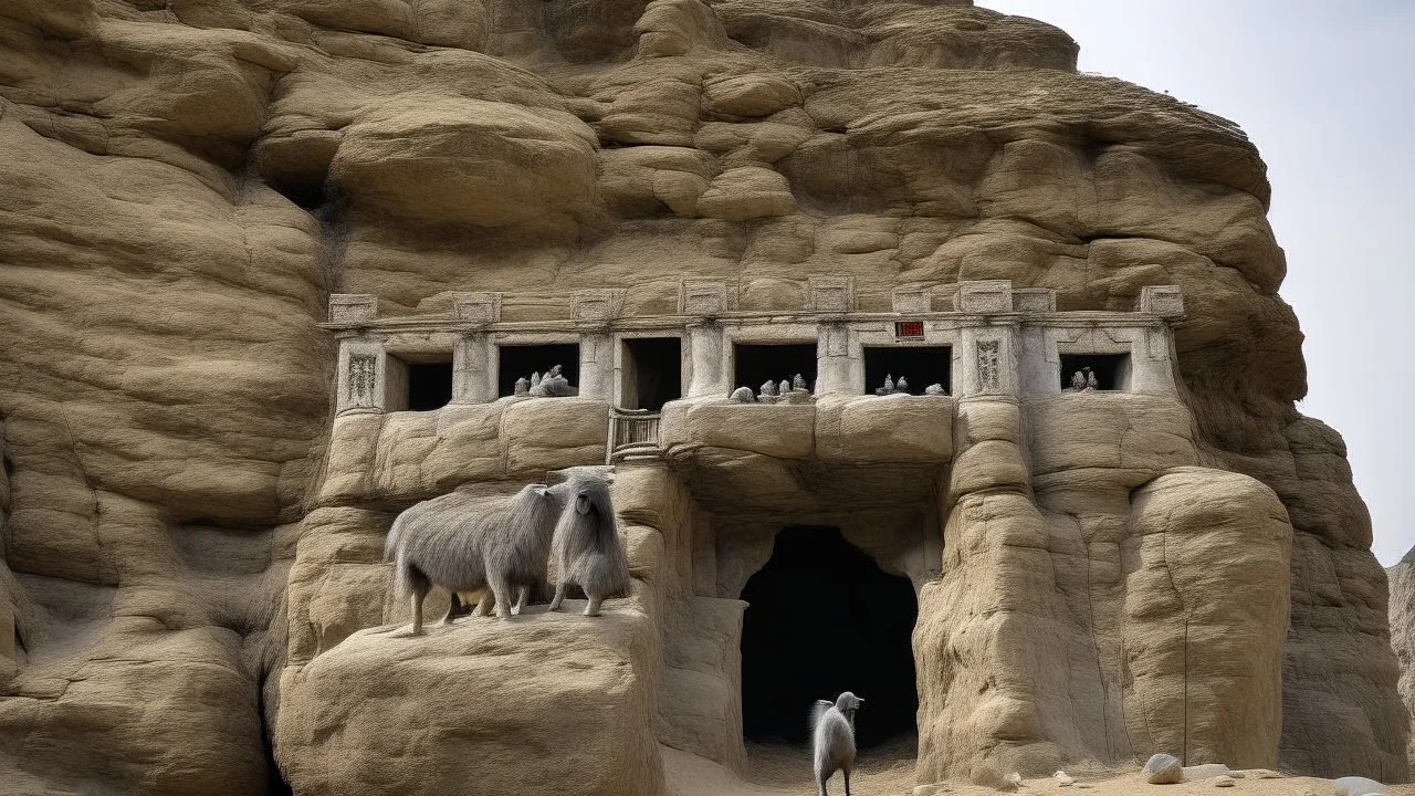 A dwelling carved into a large rock face, resembling a cave architecture. Front view. Goats climbing the rocks.