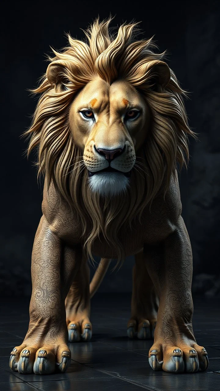 a hyper details texturing of fullbody the skin realistic textures skin a lion .bcomplex details, extremely, ultra rendering, it is standing admist darkness realms floors