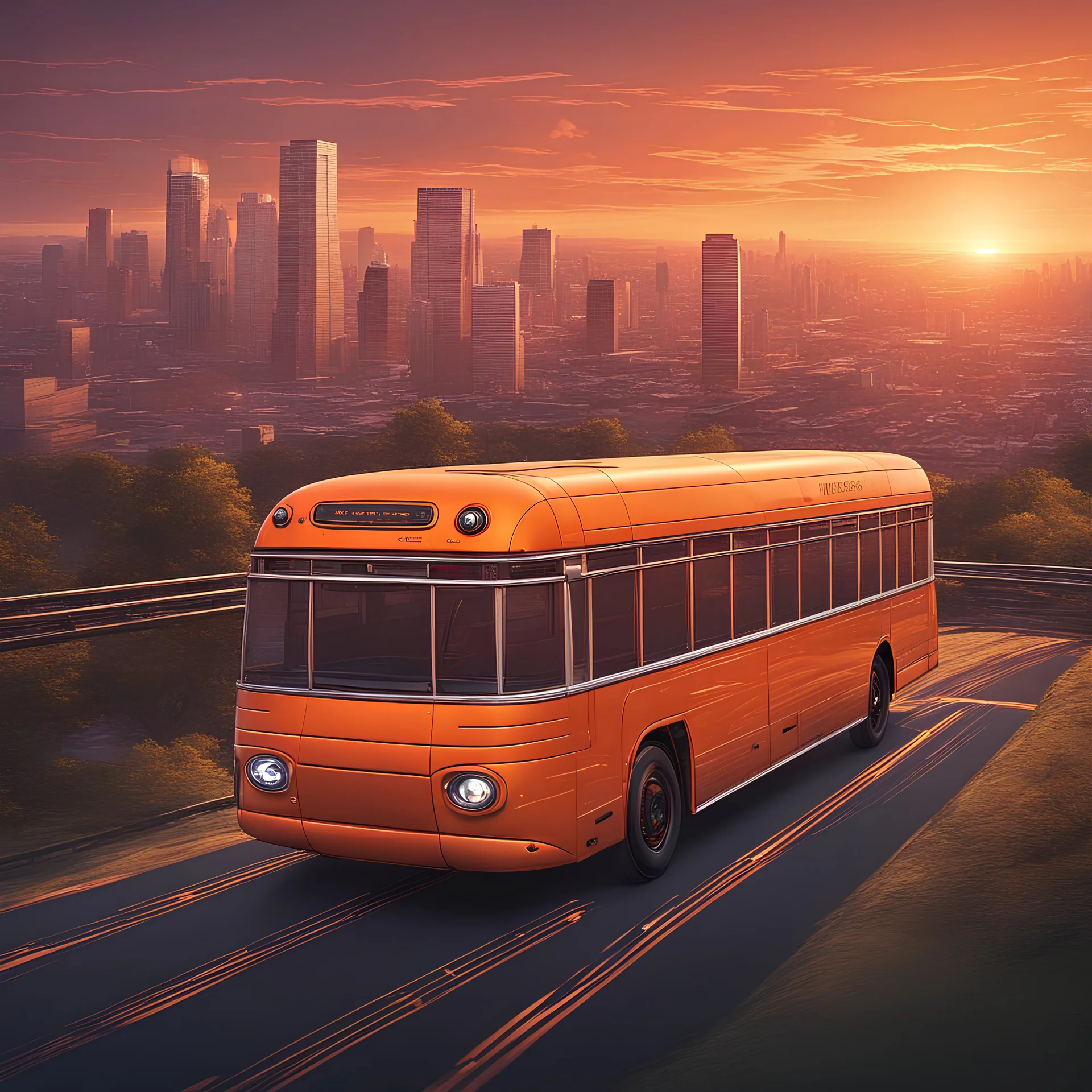 A futuristic orange bus gracefully traverses a bridge, overlooking a picturesque cityscape at sunset.