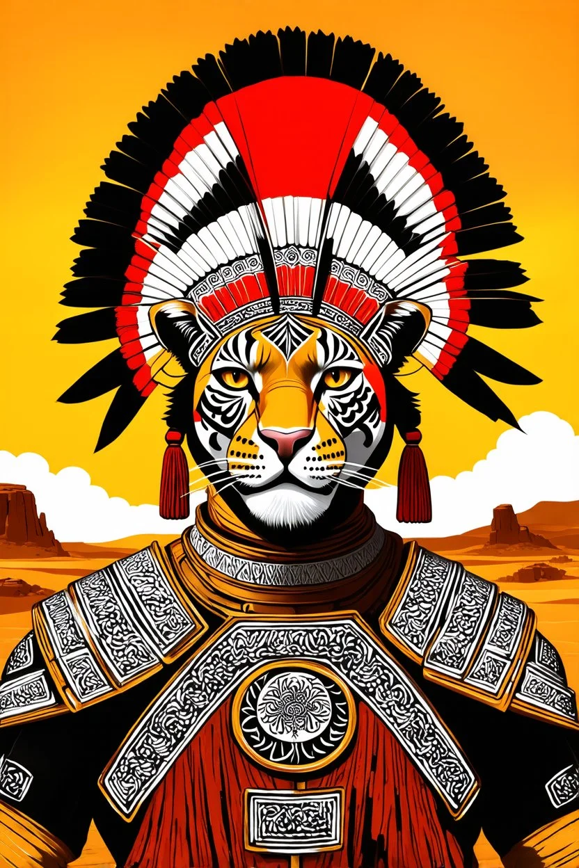 Striking portrait of Nantli warrior as anthropomorphic puma, adorned with intricately designed traditional armor and headdress. His face, painted with black and white patterns, radiates a fierce and determined expression. A red sun adorns his headdress, symbolizing strength and power. The background, a vast, golden desert landscape, with a sun setting behind some rocky outcrops. 8k. Full body