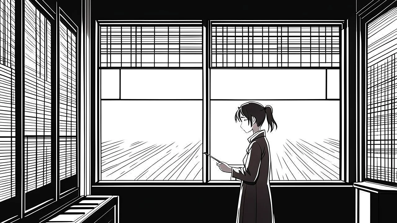 monochromatic japanese classroom with a shadowy figure looking out the window holding a transparent key emanating glow that colors the surroundings, anime