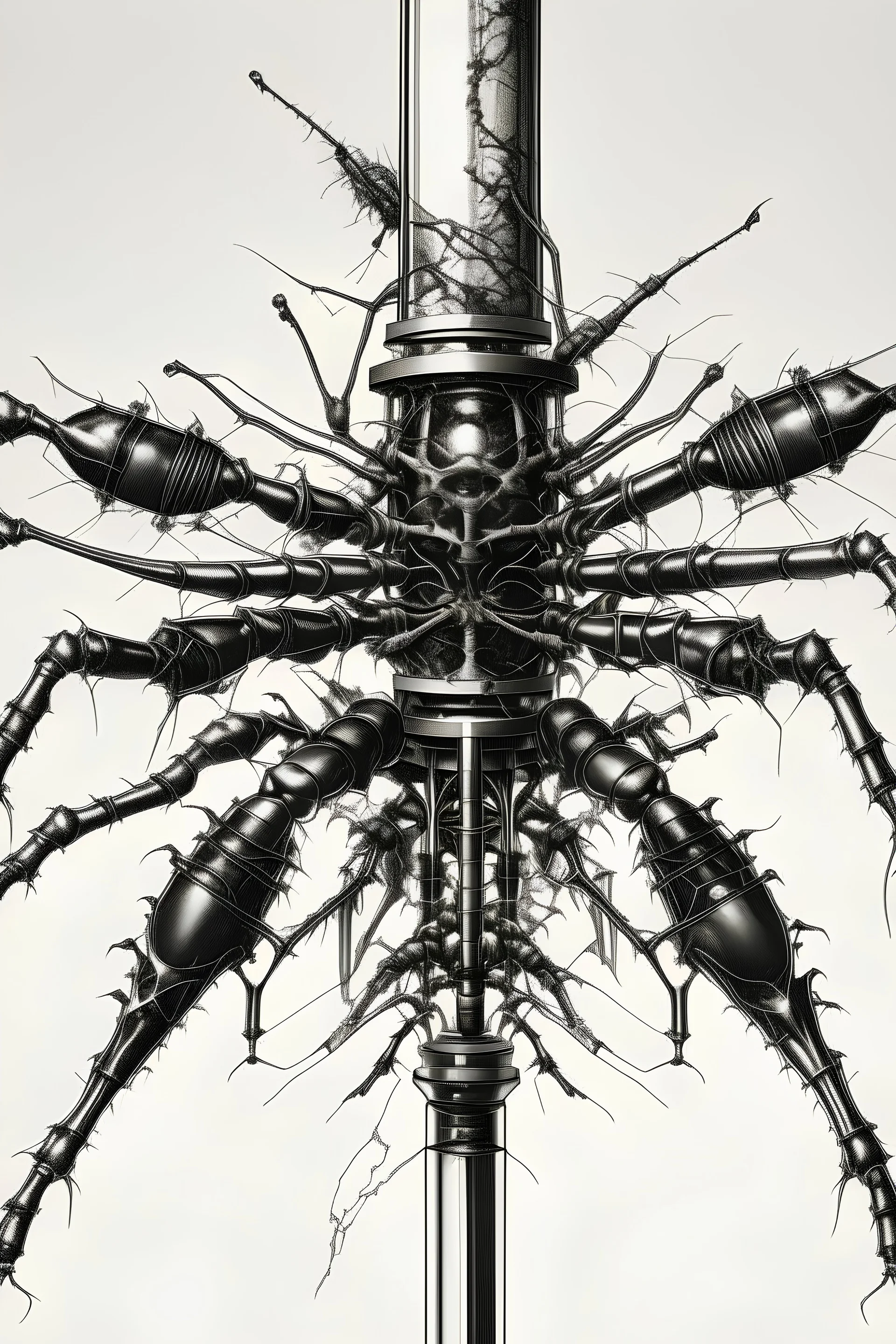 ink drawing of large, clear medical syringe filled with spiders inside of it