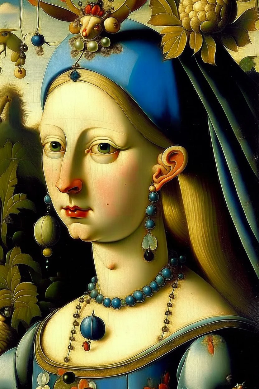 Johfar Bosschart style, beautiful young female in royal dress closeup portrait painted by Hieronymus Bosch