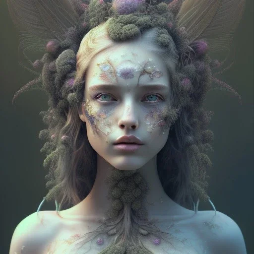 Portrait of beautiful girl, face dept of field,face shining, plant, metal, feathers, Dryad, fae, sidhe, ominous, nature, plants, wildflower, facepaint, dnd character portrait, intricate, oil on canvas, masterpiece, expert, insanely detailed, 4k resolution, retroanime style, cute big circular reflective eyes, cinematic smooth, intricate detail , soft smooth lighting, soft pastel colors, painted Renaissance style,sharp fucus, bokeh,macro lens, 1500mm lens