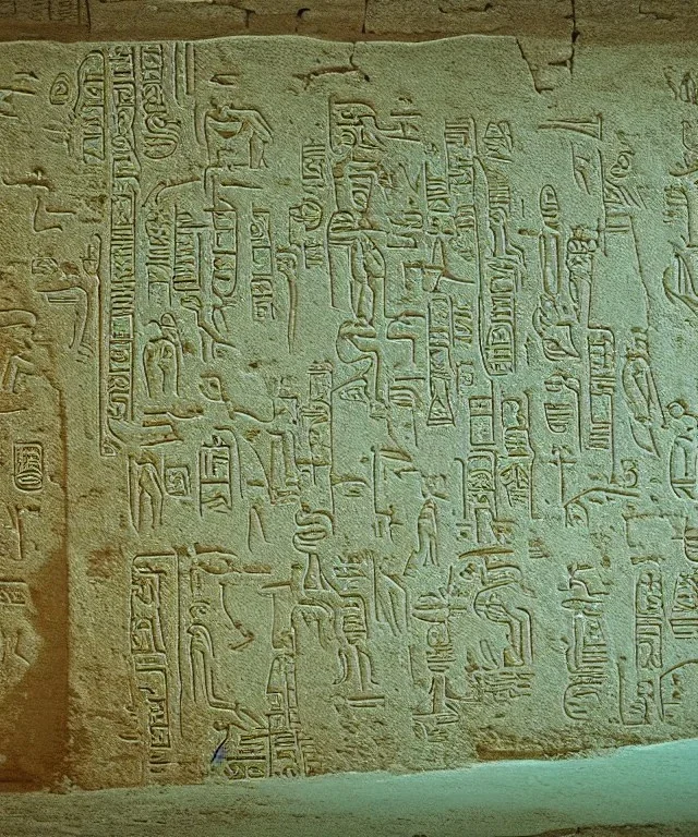 Ancient submerged ruin wall depicting luminescent glowing hieroglyphs