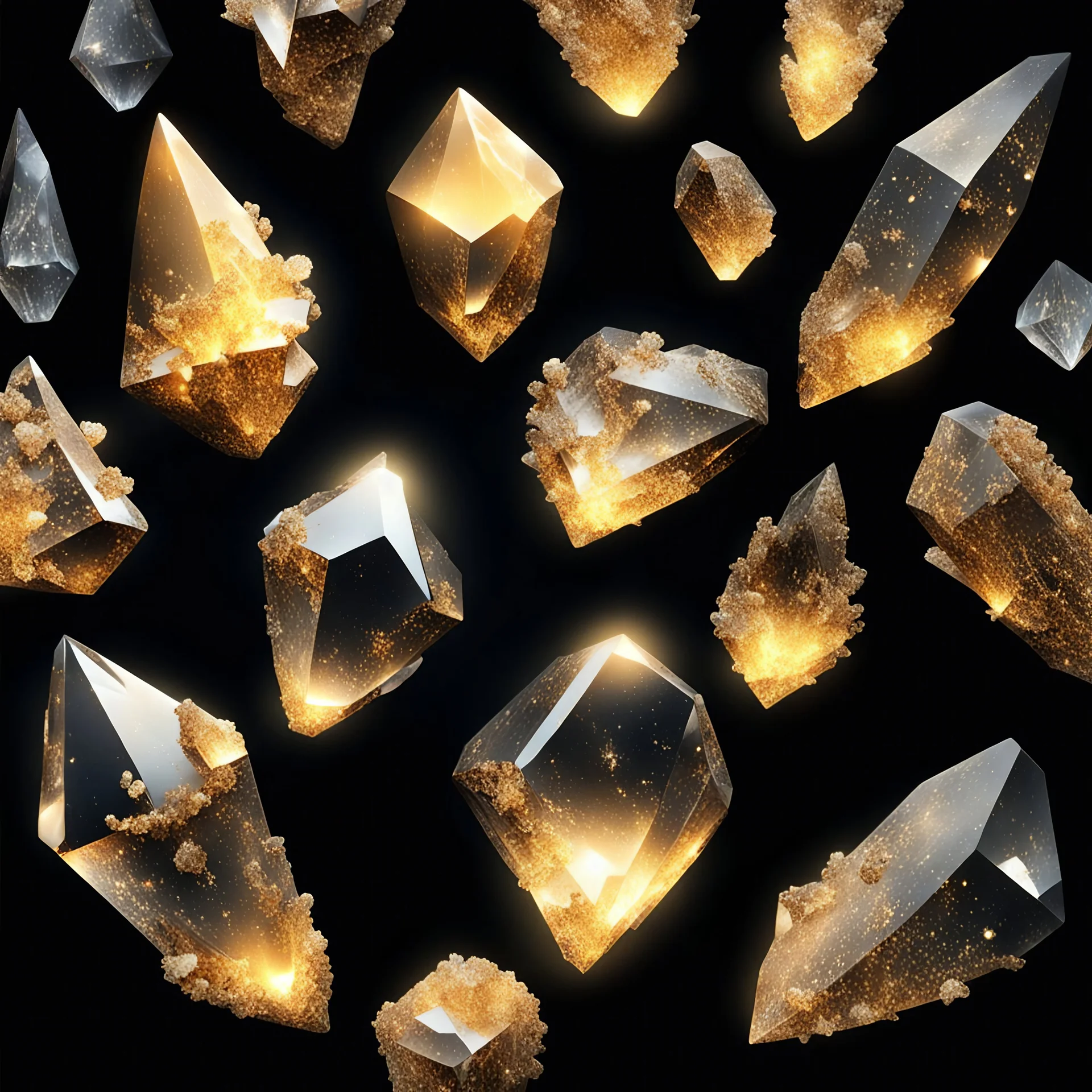 Generate a Movie Poster: "Cursed Crystals", showing few glowing-chunks of Golden marble crystals on Black Background