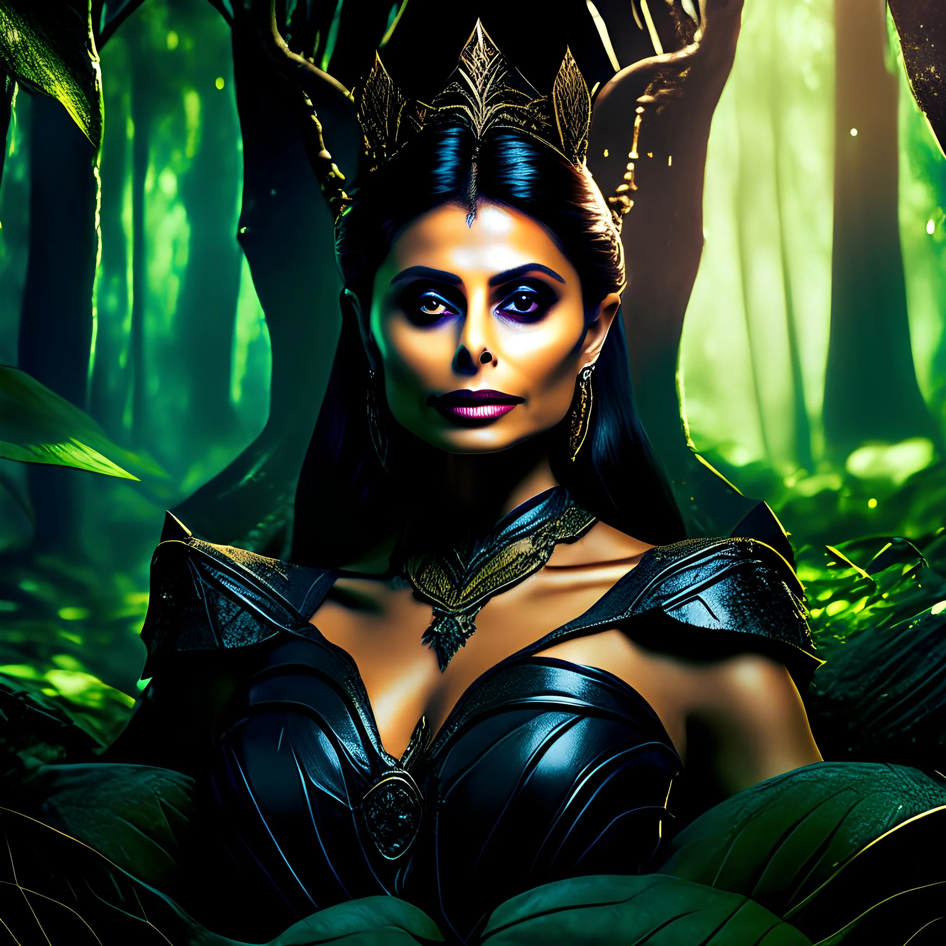 Morena Baccarin as a beautiful sexy dark elf queen seated elegantly on a throne in a mystical forest, dark celtic vignette frame, photo-realistic, cinematic lighting, award-winning photography