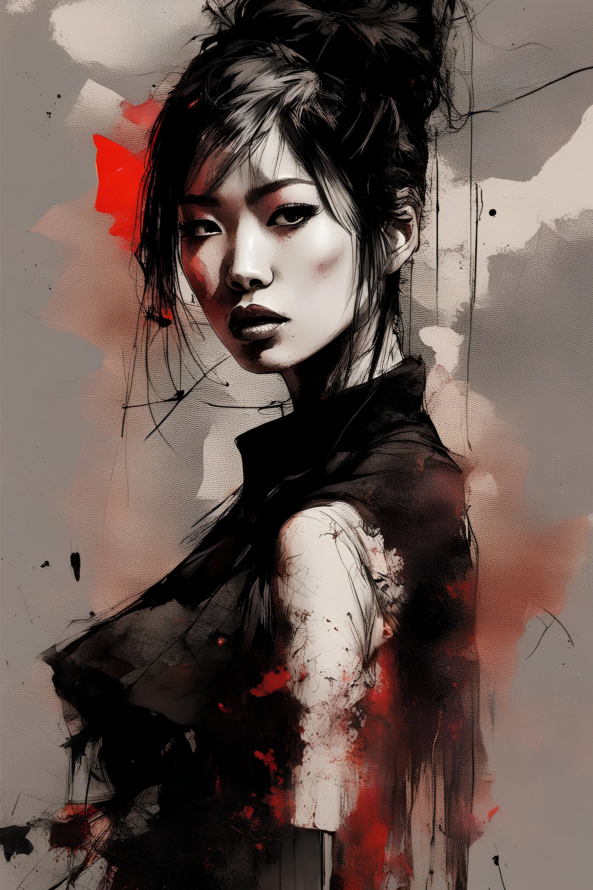 aesthetic, painterly style, modern ink, Asian girl, sensual, sultry, dark blouse, expressive pose, urbanpunk, abstract texture multilayer background, neo-expressionist , Russ Mills, Ian Miller