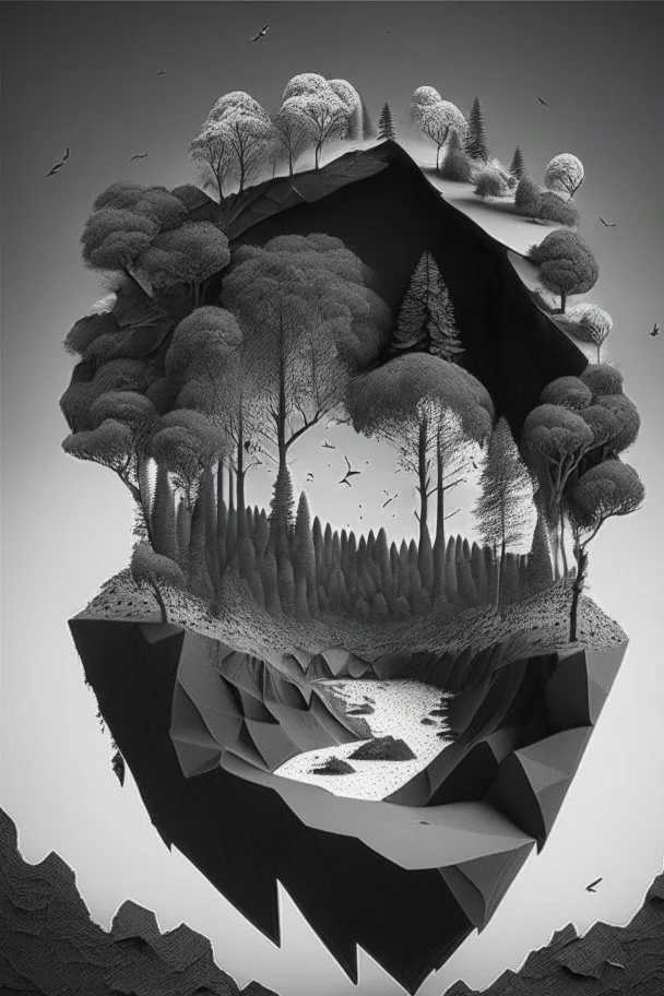 Beautiful landscape with trees, earth opens up and breaks down in black polygons.