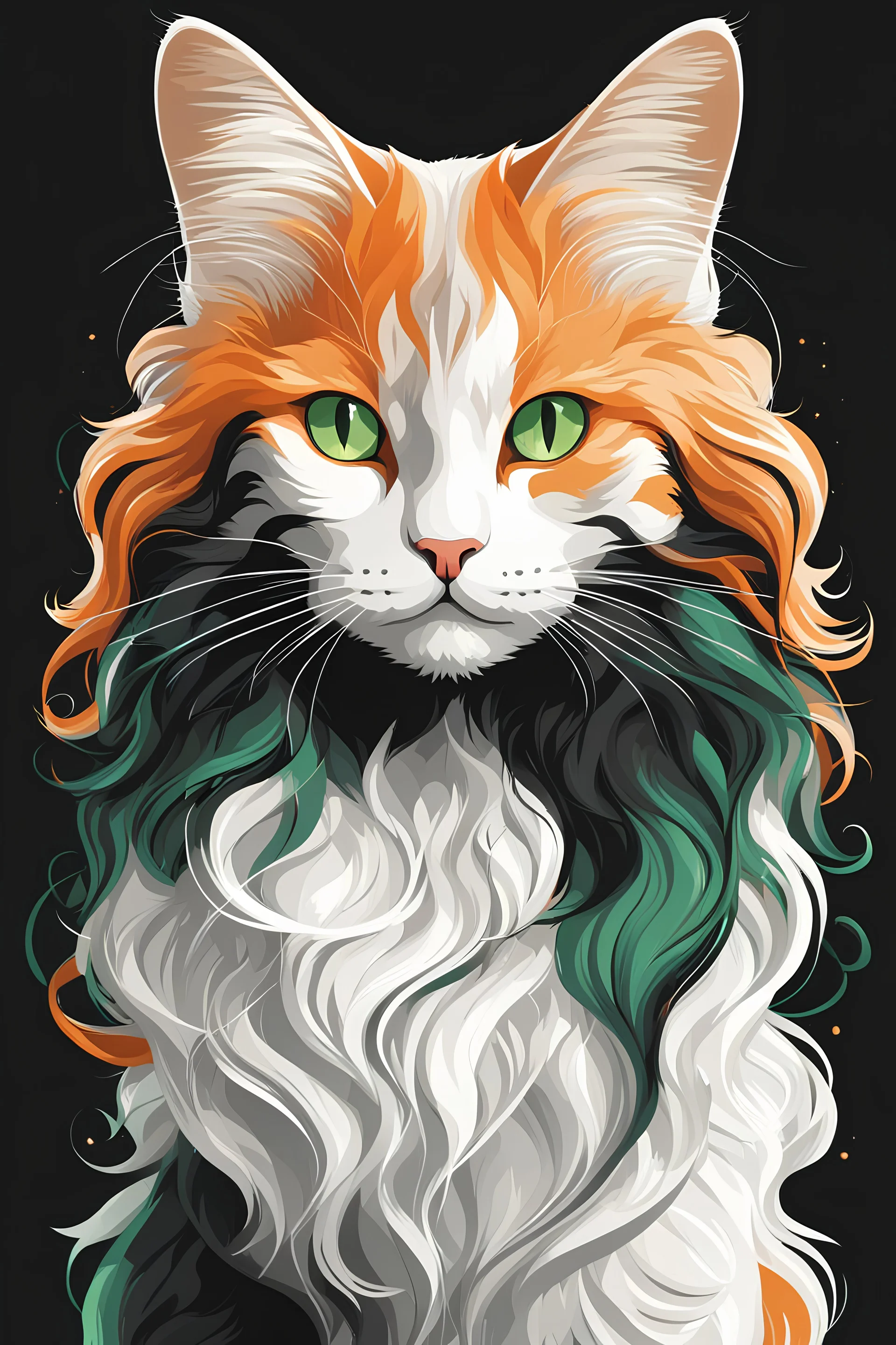 Vector illustration of a beautiful cat with long, wavy, thick hair, pointed ears, bright green eyes, orange, black and white colors, ultra quality, (((full body)))