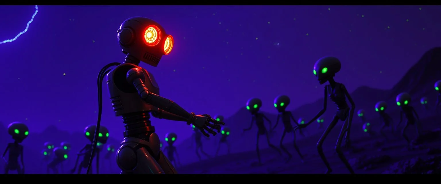 A robot named Dave started doing the splits, Blew a fuse in his hips and short-circuited his bits, The Martians went wild, the Plutonians screamed, Even black-and-white aliens turned ultraviolet green! in the style of fallout 4 and HR Giger