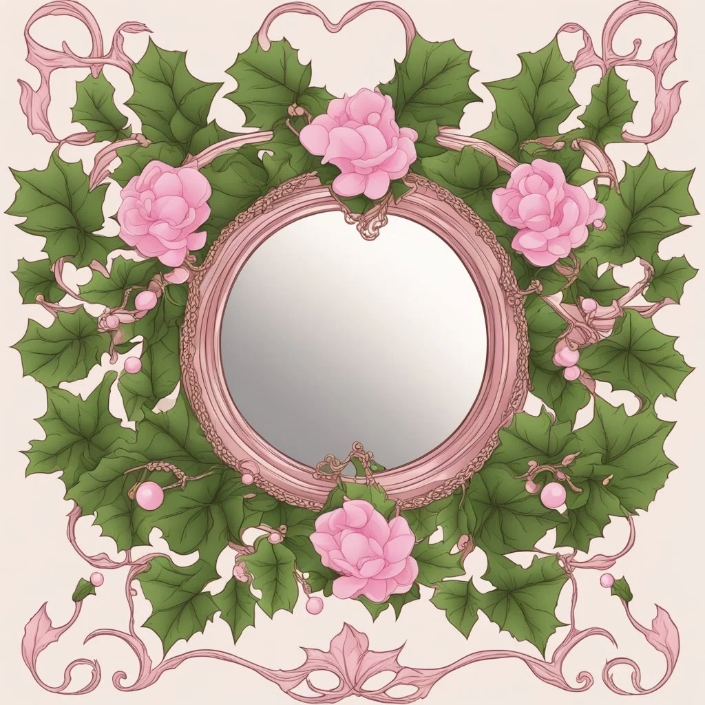 Create an Artwork of a Mirror with ivy branches and pearls necklace, Like a creative Logo for a Varasity Jacket to put a random number uin it, Vector illustration. Colors should be pink and green