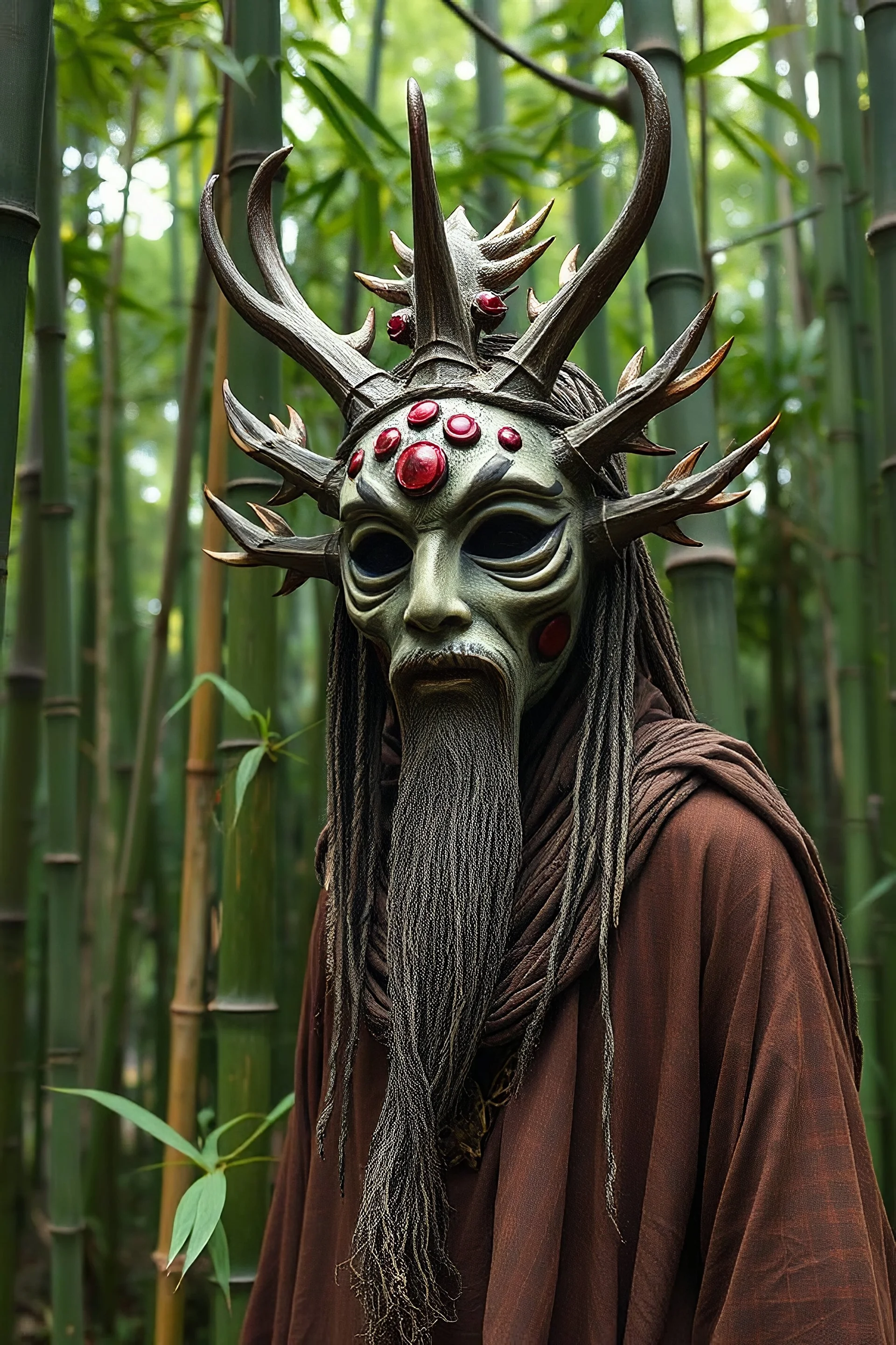 Bamboo forest spirit, faceless, nature druid, no face, mask, Asian influence, spirit, mask, faceless