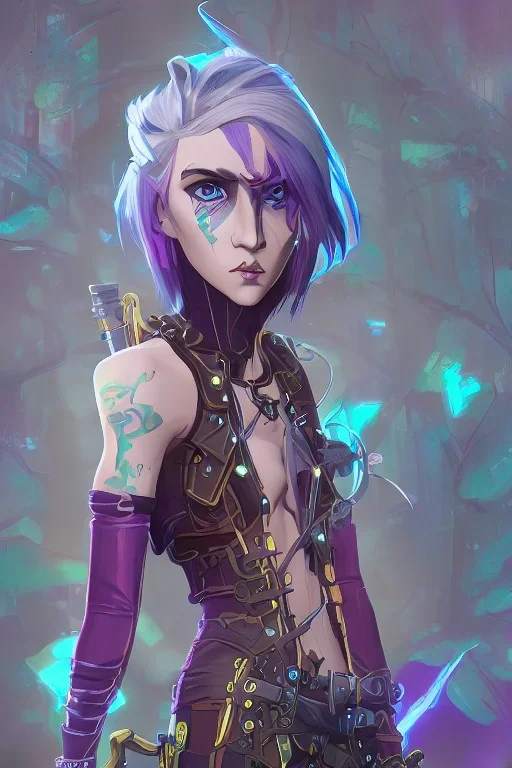 steampunk elf with blue hair in a neon dystopian forest