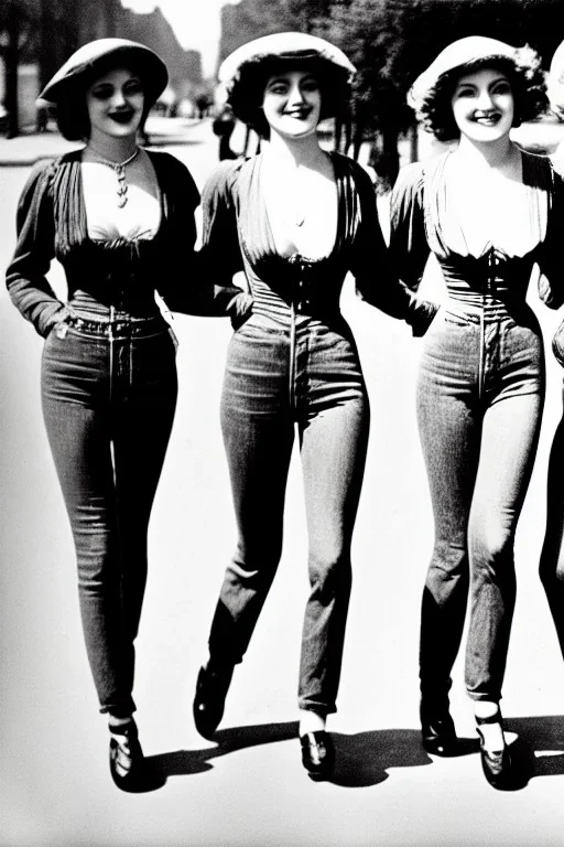 Four ziegfeld Girls on jeans walking front