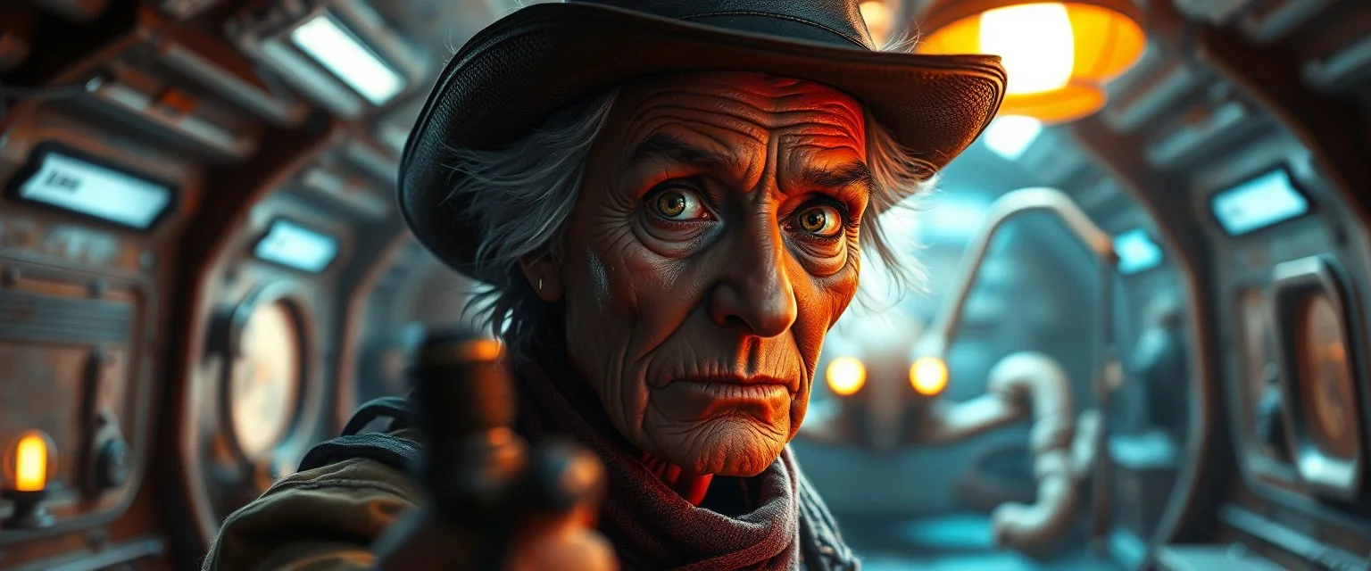 gritty air brush 3d with pen outline,seasoned handsome gunslinger western fluffy elder woman edgy hero with slightly glowing eyes and nudged dented skin in front of glistening space lobster dog, shallow depth of field, warm lantern, pin hole cam in doll house space ship, bottom floor board edge border