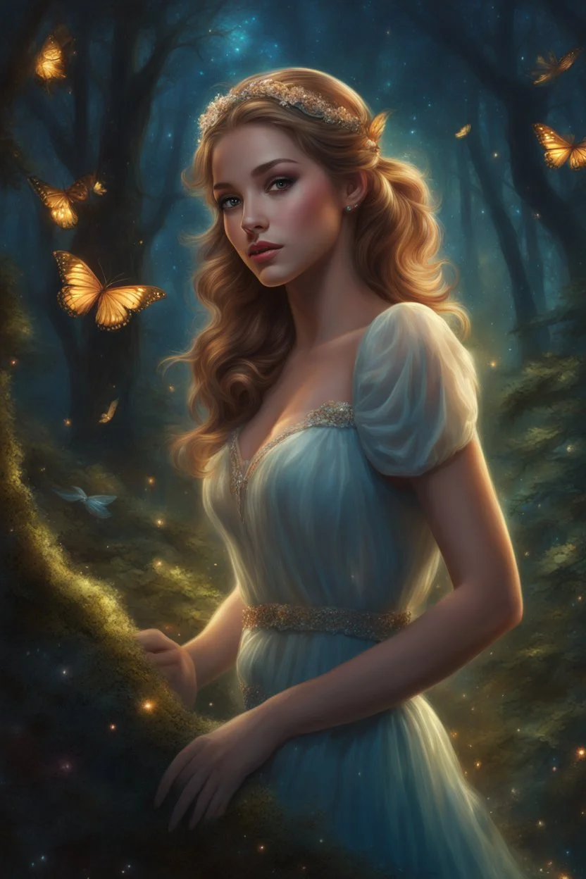 Painting of a dream girl in a fantasy forest, glitters in the forest background, haunted forest, digital painting, inspired by thomas kinkade, fantasy painting, dancing girl, song, fantasy art, fantasy girl, beautiful girl, beautiful face, young girl, beautiful painting, forest In the background, dark night, glitter in the background, fantasy forest, high quality, 4k