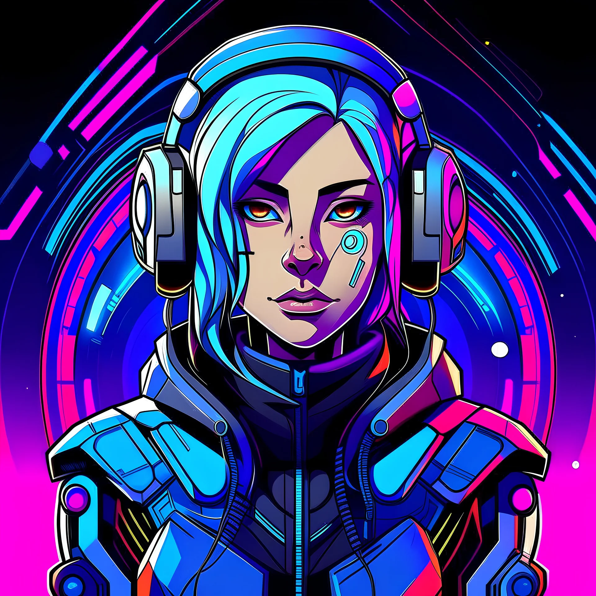 masterpiece, intricate details, a wide angle 2D anime bold line flat color illustration of a cheerful cyborg girl in a high purple hoodie and headphones in hip hop style, dopamine style, overlaying mixed patterns of pop art text and emoji device installations, sharp focus, charming character illustration, beautiful vibrant kuler palette gradient