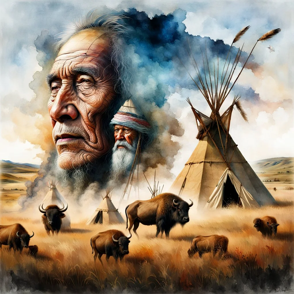 The old Cherokee man of the Great Plains, double exposure Cherokee mans face formed by a Teepee in a grass plains with Buffalo, watercolor by Jean-Baptiste Monge and Yossi Kotler, Modifiers: sharp focus extremely detailed intricate oil on canvas portrait hyperrealistic high definition crisp quality