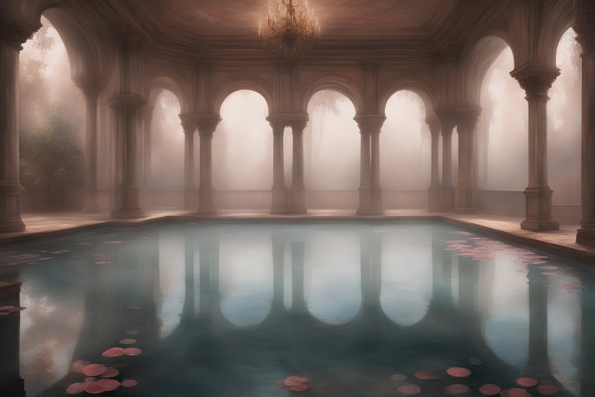 john william waterhouse style, A magnificent chamber meets his eye. Inside, a long rose-water pool is shrouded by fine mist. Stepping in the moist silence, with a warm breeze he's gently kissed.