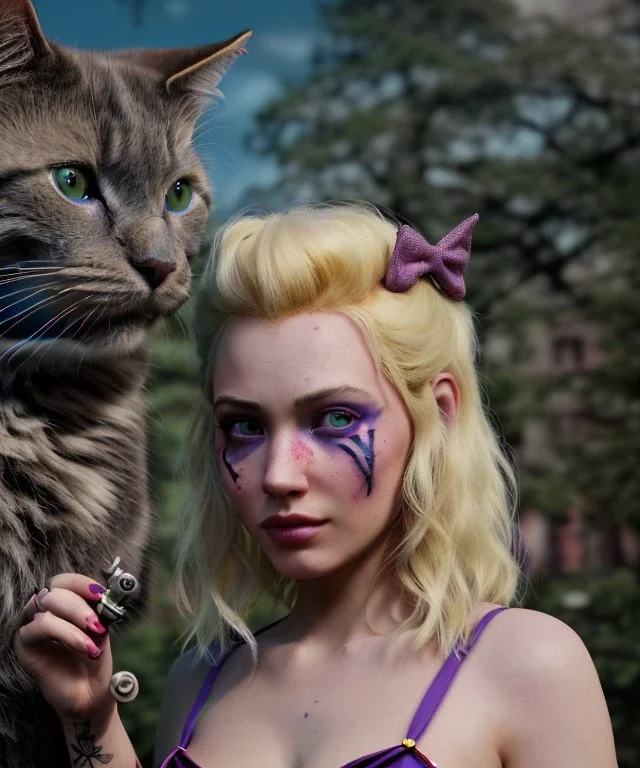 Ultra realistic afternoon photo, happy couple, blonde Alice woman and purple cat smoking a pipe, circus blue dress style, black headband with bow, old school body tattoo, smoke, marihuana garden, glow eyes, perfect iris, soft color, highly detailed, unreal engine 5, ray tracing, RTX, lumen lighting, ultra detail, volumetric lighting, high definition.