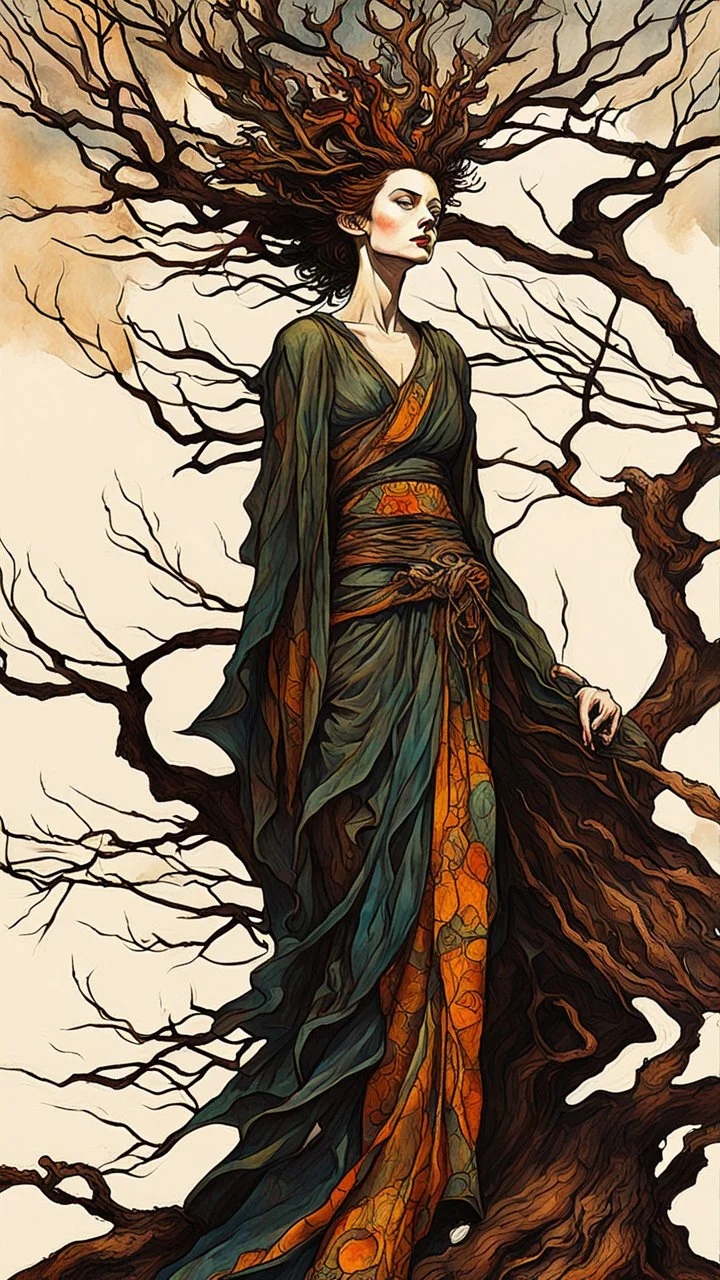 Egon Schiele, Abraham Rattner style abstract expressionist, full body comic book illustration of a pagan druid priestess, bristlecone pine sculpture , dark and dry branches, harmony, intricately detailed, highly detailed facial features, ethereal, elemental, otherworldly, the smell of the ancient essence of eternity in vibrant natural color