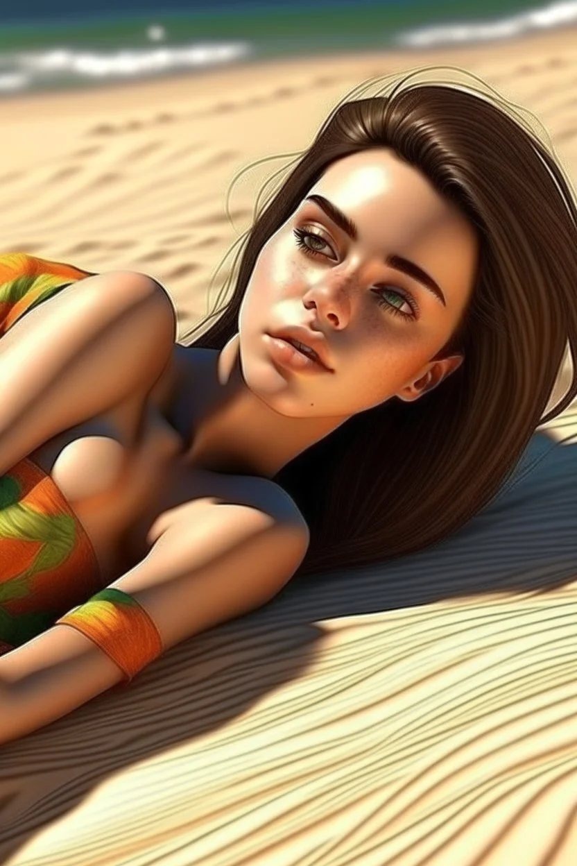 Frau, 26-jährig, realistische Haut, realistische Haare, sexy Blick, bikini model, liegt am strand