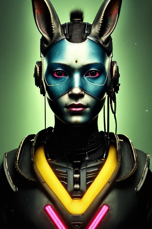 Medium Close Up Portrait, Front image. cyberpunk, rabbit mask, teenager, asian woman, cyber helmet head. Geisha dress. Yellow, black, color. Mad max style. renaissance ornaments, Color background, photo studio. Front image, highly detailed, concept art, smooth, unreal engine 5, ray tracing, RTX, lumen lighting, ultra detail, volumetric lighting, 3d, finely drawn, high definition, high resolution.