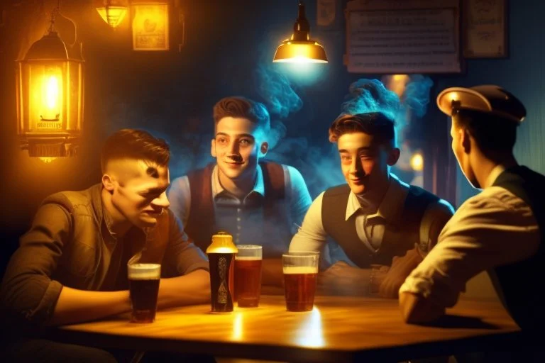 Smoky pub, cheerful young men drinking around a table, a policeman looking thoughtfully at the ID card of one of the boys, lantern light