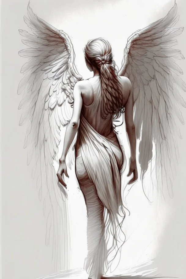 full body woman angel from back, wings coming from back of her shoulders, bun haired angel wearing long tunic ultra realistic drawing