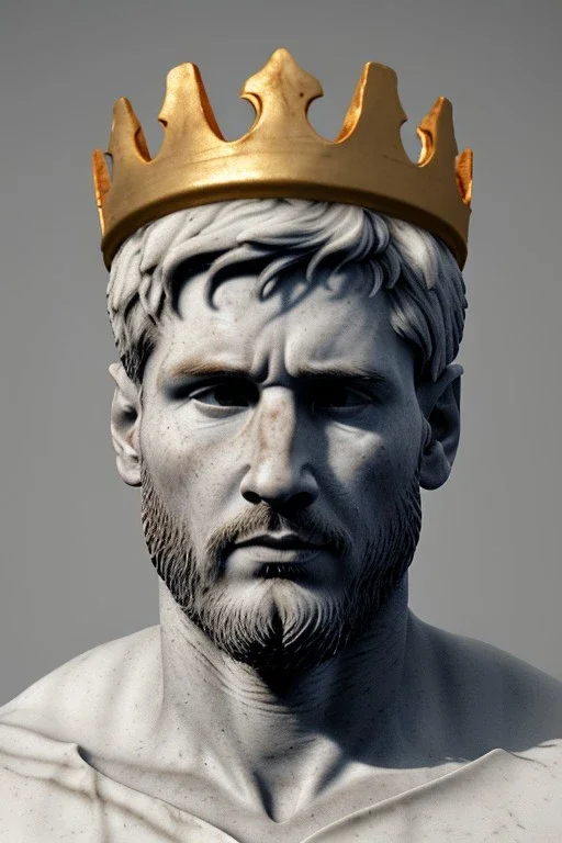 Ultra Realistic image, Roman sculpture, white marble material, Lionel Messi, gold crown of natural laurel leaves, god crown, Renaissance style, sun rays background, waist up portrait, epic, celestial, cinematic lighting, God lights, 4k resolution, smooth details, soft lighting, unreal engine 5, art station, substance 3d.