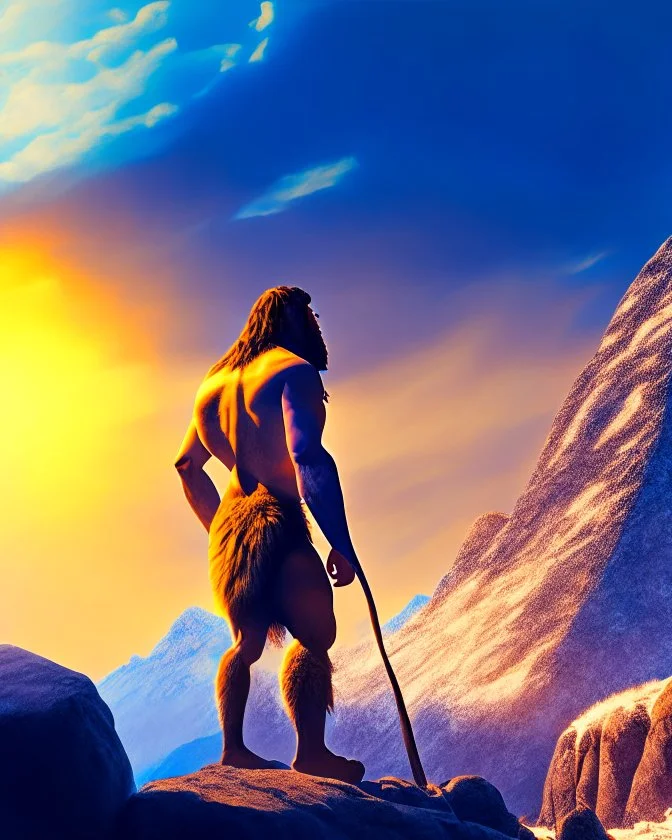 Imagina el hombre de Neandertal cazando en las montañas colores complementarios arte digital foto realista obra de arte hiperdetallada intrincada sombras 3D iluminación cinematografica 8k 3D cuerpo completo clima soleado nubes