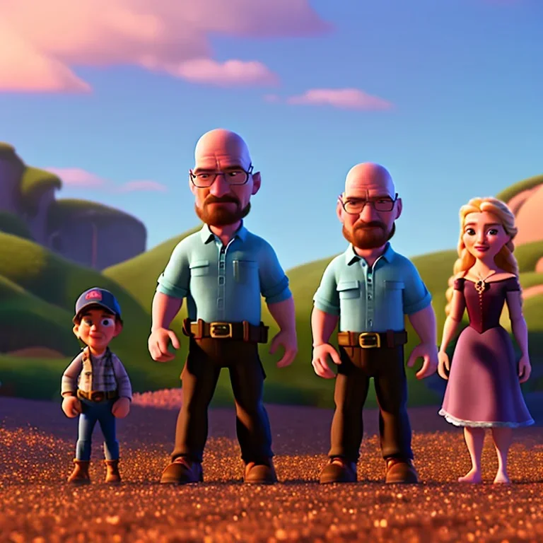 Walter White and his family with a train, 8k, realistic body, with a fedora, sunset background,