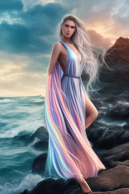 half body shot,realistic portrait of a 20-25 old femal model, long blue pink flowing hair, great grey eyes, ,full body, standing in rocky beach , very big ship, stormy sea with sunset ,clouds,god rays ,storm,rocky beach