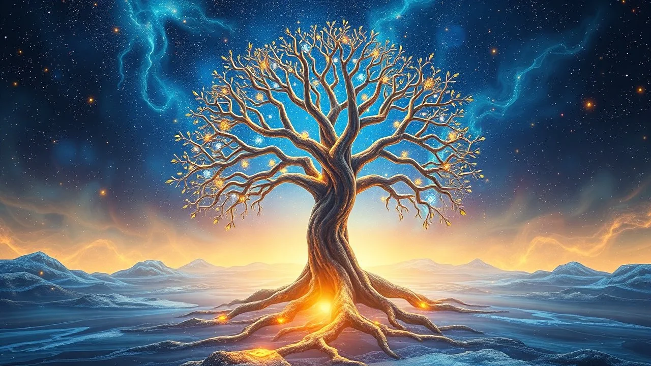 The Tree of Life in a dreamy and special space in a color theme of blue and gold, light, water, ice, fire, and love, and in a psychedelic atmosphere.