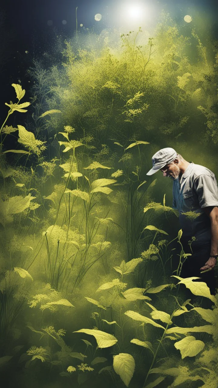 Alva in the garden ,lotsa wild weed, in spotlight, magazine cover illustration with spray paint, signed, bokeh like, down-light, unreal engine, prize winning