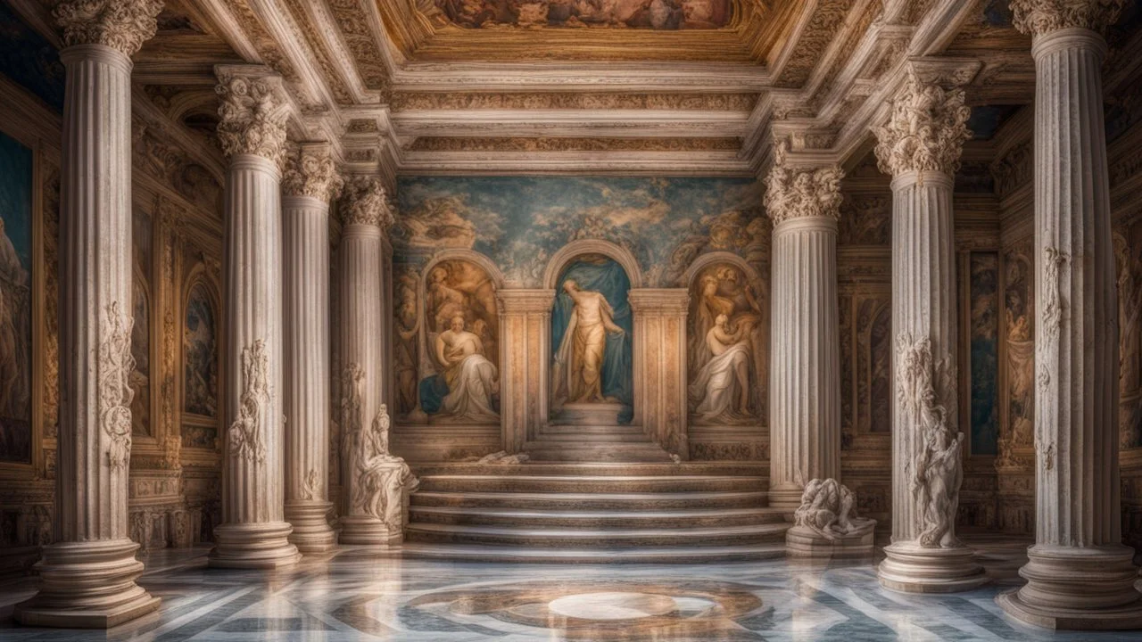 inside a palace in ancient Rome showing rooms, halls, courtyards, luxury, magnificent, marble statues, coloured pictorial tapestries, paintings, sparkling fountains, dream world, calm beauty, fantasy world, magic, splendor, uplifting, inspiring, therapeutic, chiaroscuro, color, award-winning colour photograph, beautiful composition, exquisite detail, Nikon 35mm